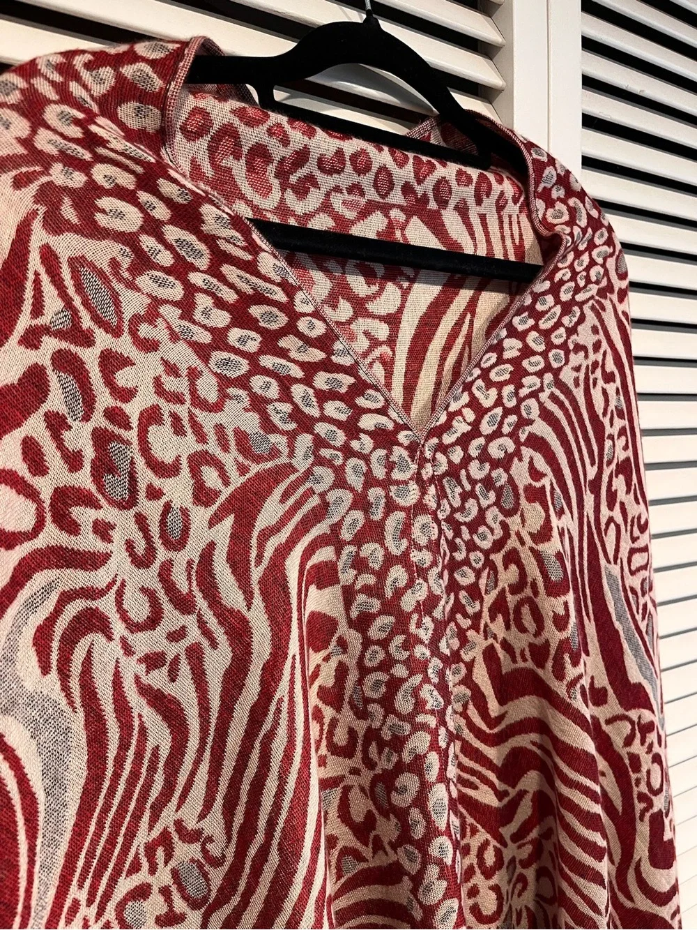 Red & Ivory Flowy Animal Print V-Neck Shawl with Fringe